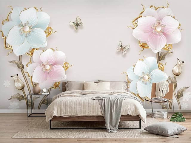 Fototapeta 3D kwiaty – duże kwiaty ozdobione perłami i złotymi ornamentami