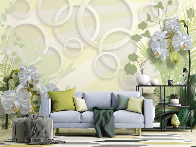 Fototapeta Geometria – białe orchidee na tle liści