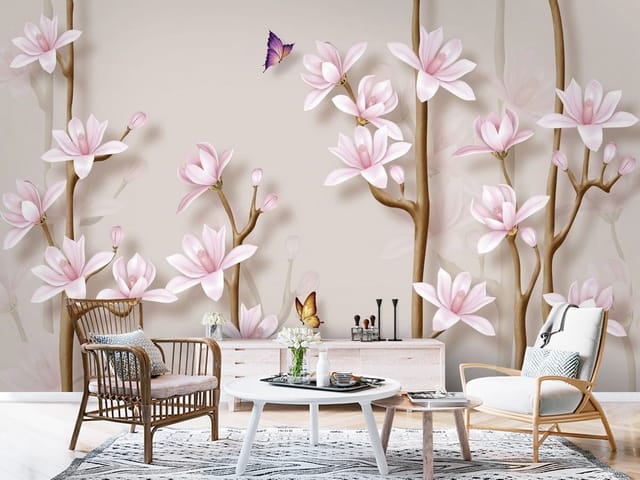 Fototapeta Kwiaty magnolii na gałęziach (mpn: FT-6933) Fototapeta 3D kwiaty – kwiaty magnolii na brązowych gałęziach