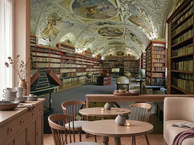 Fototapeta regały z książkami – wielka biblioteka z wysokimi regałami pełnymi książek i ozdobnym sufitem z freskami