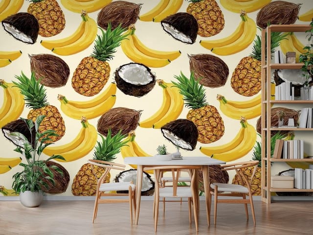 Fototapeta Warzywa i Owoce – powtarzający się wzór z bananami, ananasami i kokosami
