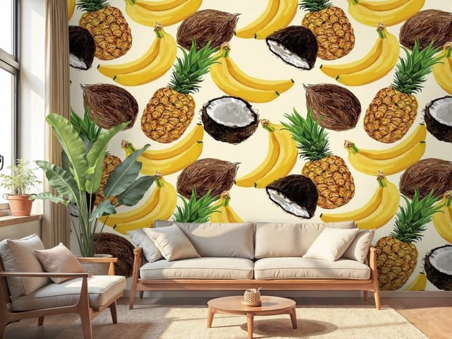 Fototapeta Egzotyczne owoce na jasnym tle (mpn: FT-6943) Fototapeta Warzywa i Owoce – powtarzający się wzór z bananami, ananasami i kokosami