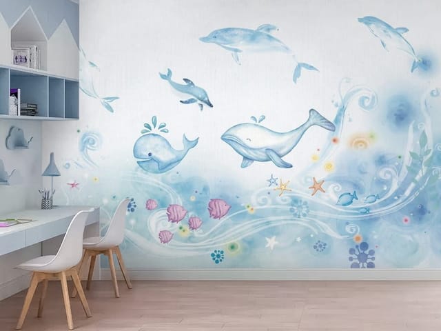 Fototapeta zwierzęta dziecięce – wieloryby i delfiny w oceanie