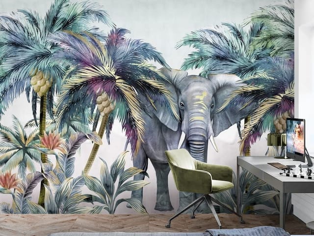 Fototapeta słonie – słoń wśród tropikalnych palm