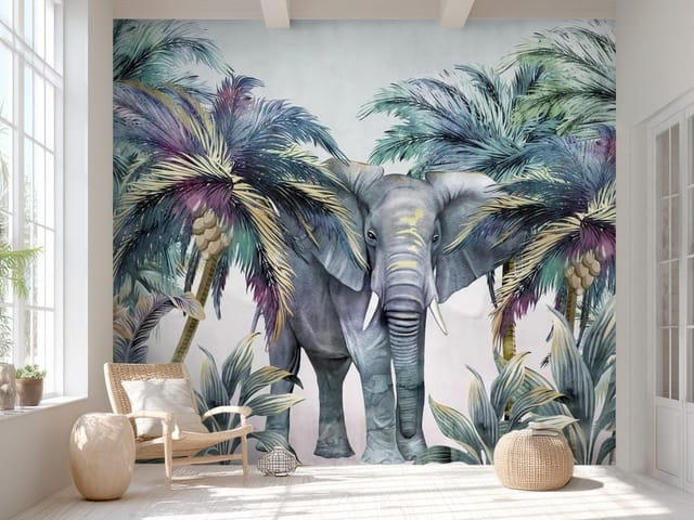 Fototapeta Słoń wśród tropikalnych palm (mpn: FT-7001) Fototapeta słonie – słoń wśród tropikalnych palm