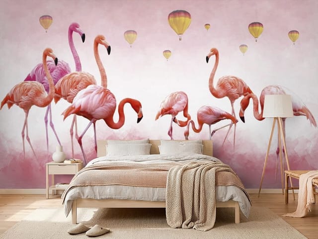 Fototapeta Flamingi – Grupa flamingów stoi w płytkiej wodzie
