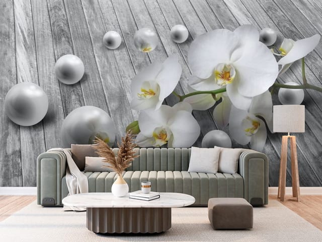 Fototapeta Storczyki – białe orchidee na drewnianym tle