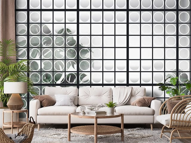 Fototapeta Geometria – zielone liście za szklaną ścianą