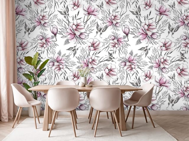 Fototapeta Kwiaty magnolii i liście (mpn: FT-7092) Fototapeta Wzory – kwiaty magnolii otoczone delikatnymi liśćmi