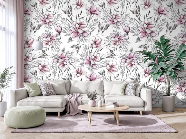 Fototapeta Wzory – kwiaty magnolii otoczone delikatnymi liśćmi
