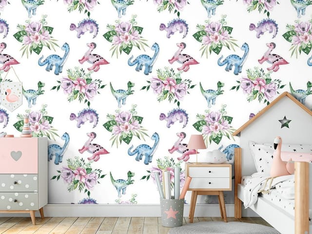 Fototapeta Dinozaury dziecięce – kolorowe dinozaury i kwiaty