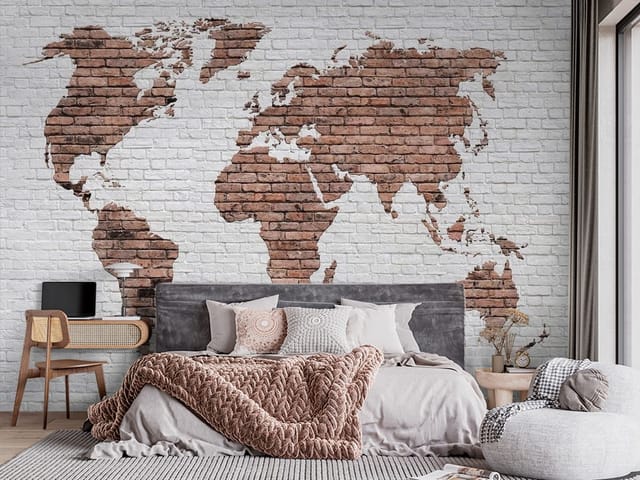 Fototapeta Mapa świata na ceglanej ścianie (mpn: FT-7112) Fototapeta Polityczne mapy – mapa świata na ceglanej ścianie