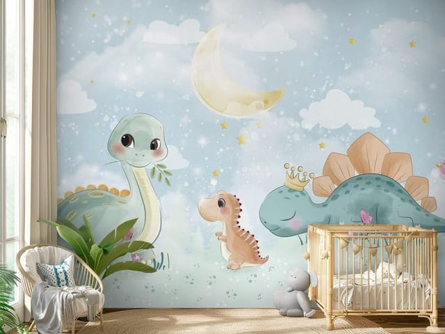 Fototapeta Dinozaury dziecięce – trzy urocze dinozaury na łące