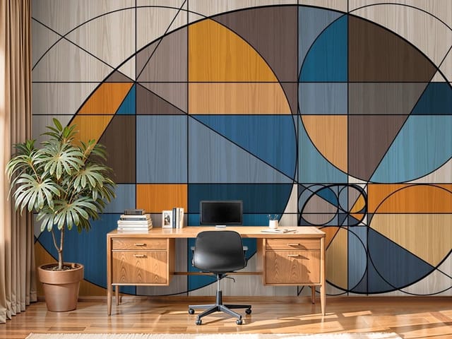 Fototapeta Geometryczne Wzory z Kolorami (mpn: FT-7134) Fototapeta Geometria – geometryczne wzory z dużymi okręgami i kwadratami