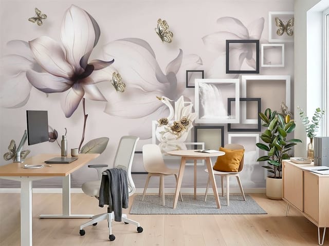 Fototapeta Geometria – duży kwiat magnolii z łabędziem i wodospadem