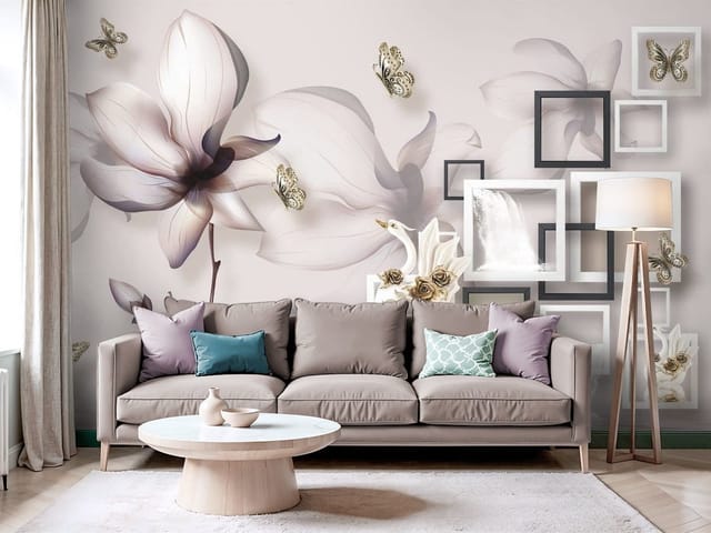 Fototapeta Geometria – duży kwiat magnolii z łabędziem i wodospadem