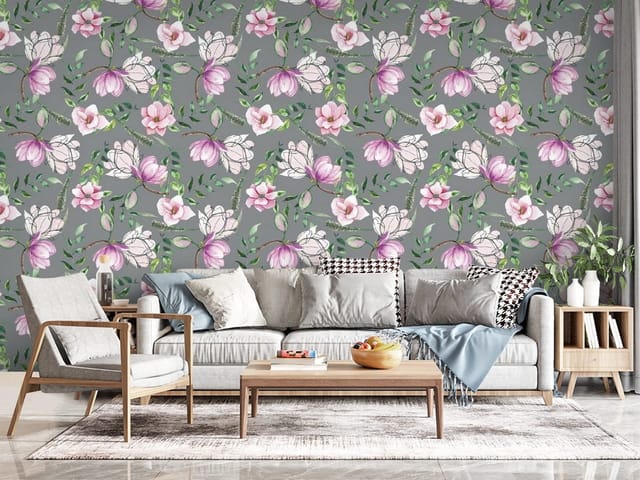 Fototapeta Magnolie na szarym tle (mpn: FT-7152) Fototapeta Magnolie – różowe kwiaty i zielone liście na szarym tle