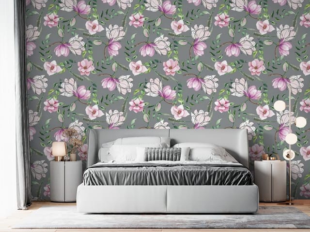 Fototapeta Magnolie na szarym tle (mpn: FT-7152) Fototapeta Magnolie – różowe kwiaty i zielone liście na szarym tle