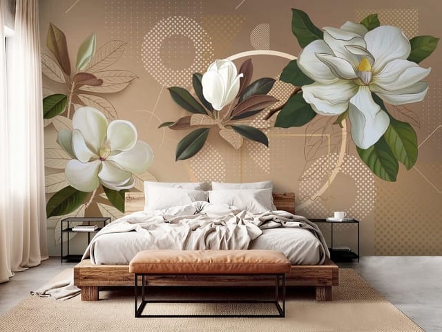 Fototapeta Magnolie – trzy duże kwiaty magnolii otoczone liśćmi