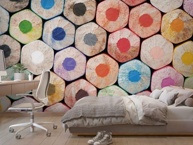 Fototapeta Kolorowe końcówki kredek (mpn: FT-716) Fototapeta Geometria – zbliżenie na kolorowe końcówki kredek