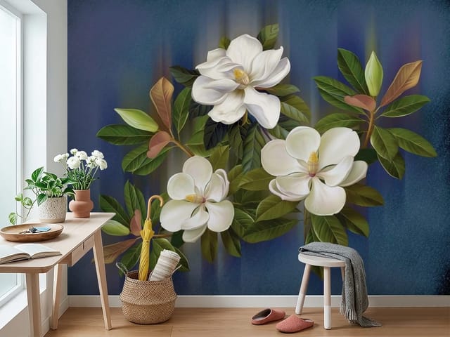 Fototapeta Magnolie – białe kwiaty magnolii otoczone zielonymi liśćmi