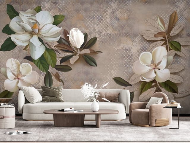 Fototapeta 3D kwiaty – duże kwiaty magnolii z liśćmi