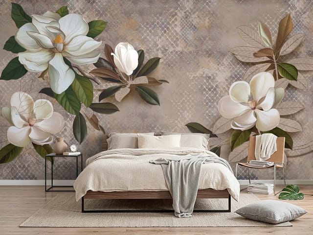 Fototapeta 3D kwiaty – duże kwiaty magnolii z liśćmi