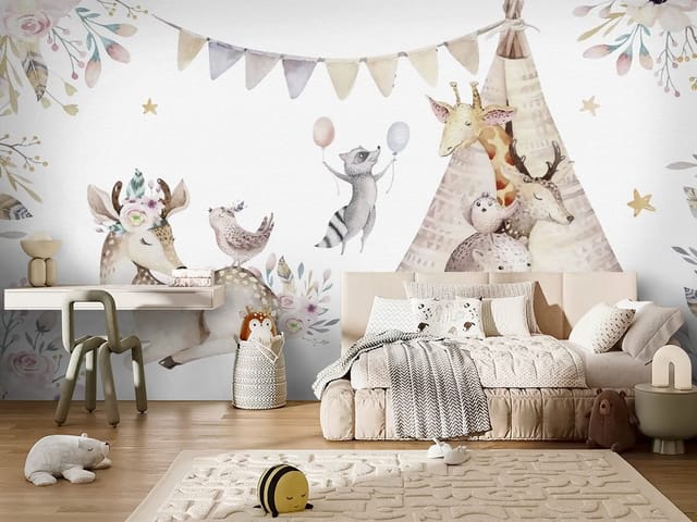 Fototapeta Zwierzęta dziecięce – zwierzęta w tipi i na łące