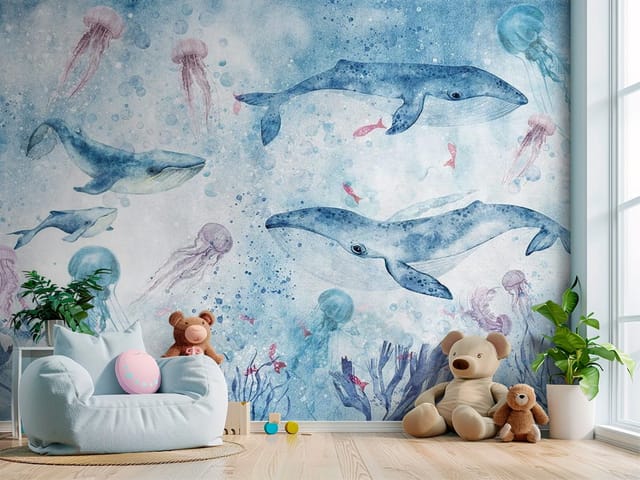 Fototapeta Zwierzęta dziecięce – wieloryby i meduzy w oceanie