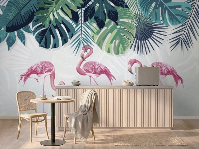 Fototapeta Flamingi – trzy różowe flamingi na tle liści