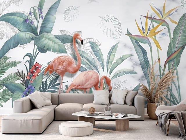Fototapeta Flamingi – Dwa flamingi w tropikalnym otoczeniu
