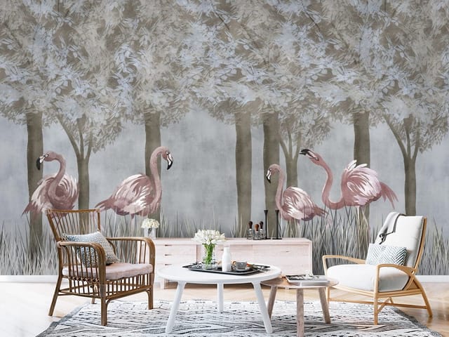 Fototapeta drzewa – cztery flamingi i gęste korony