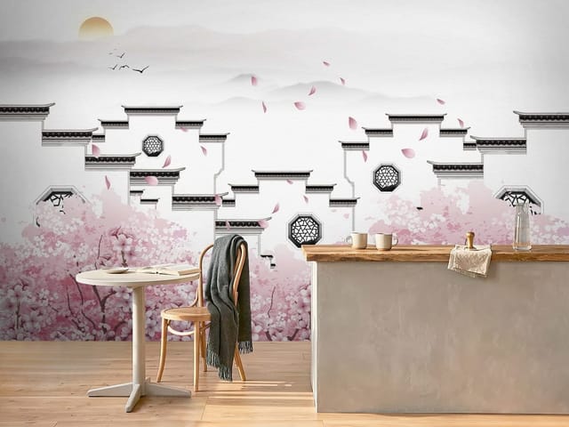 Fototapeta Kwiaty Wiśni i Tradycyjne Budynki (mpn: FT-7289) Fototapeta Murale abstrakcyjne – kwiaty wiśni tworzą delikatną różową kompozycję