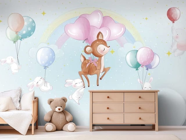 Fototapeta Zwierzęta dziecięce – jeleń z balonami w kształcie serc