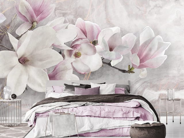 Fototapeta z gałęzią i dużymi kwiatami magnolii na rozmytym tle