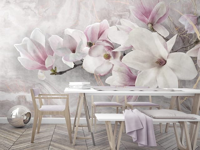 Fototapeta z gałęzią i dużymi kwiatami magnolii na rozmytym tle