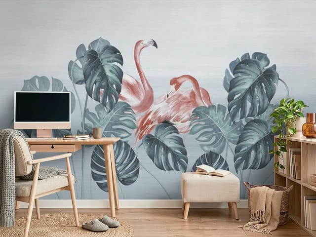 Fototapeta liście – dwa flamingi otoczone dużymi liśćmi monstery