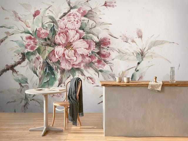 Fototapeta Różowe kwiaty sakury z liśćmi (mpn: FT-7333) Fototapeta Sakura – duże różowe kwiaty na gałęzi z liśćmi