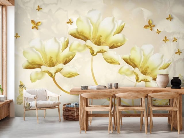 Fototapeta Żółte Magnolie z Delikatnym Tłem (mpn: FT-7338) Fototapeta Magnolie – trzy duże żółte kwiaty z delikatnymi płatkami