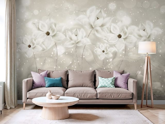 Fototapeta Białe kwiaty na tle bokeh (mpn: FT-7356) Fototapeta kwiaty polne – białe kwiaty z ciemnymi środkami