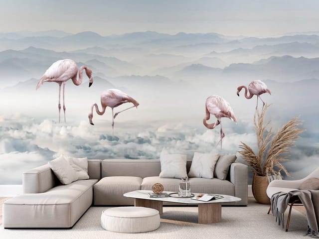 Fototapeta Flamingi – flamingi stojące na chmurach