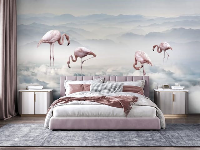 Fototapeta Flamingi – flamingi stojące na chmurach
