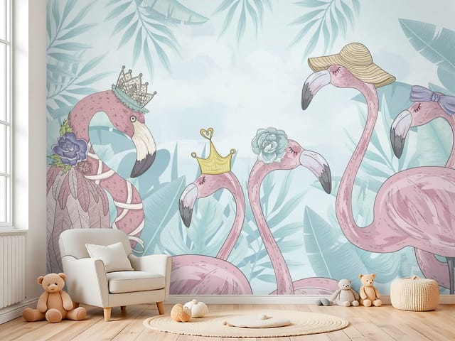 Fototapeta Flamingi – ilustracja grupy flamingów w ozdobnych kapeluszach