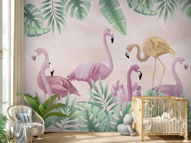 Fototapeta Flamingi – grupa flamingów otoczonych tropikalnymi liśćmi