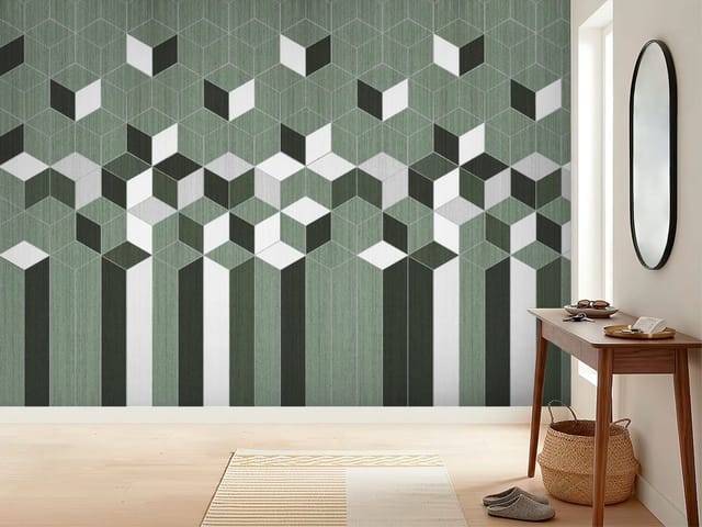 Fototapeta Geometryczny wzór z sześcianami (mpn: FT-7410) Fototapeta Geometria – obraz z sześcianami w zieleni i bieli