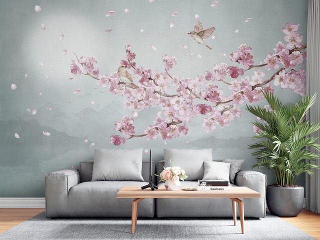 Fototapeta Gałąź Wiśni nad Jeziorem (mpn: FT-7418) Fototapeta Sakura – gałąź z kwiatami wiśni i spokojna sceneria