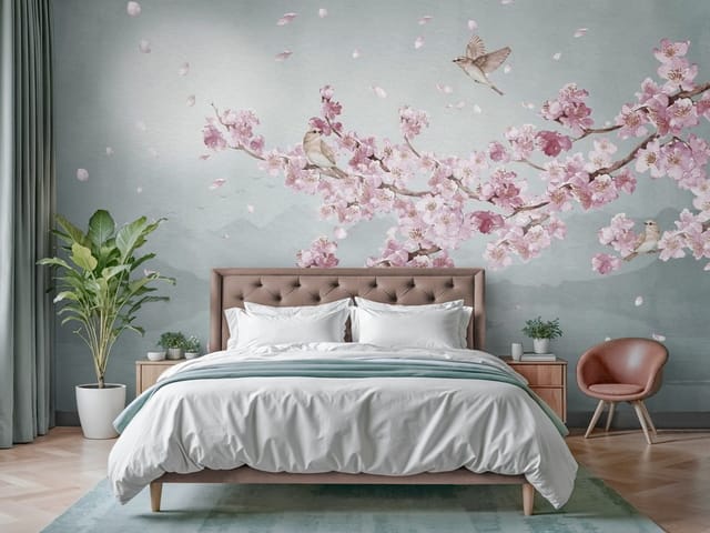 Fototapeta Sakura – gałąź z kwiatami wiśni i spokojna sceneria