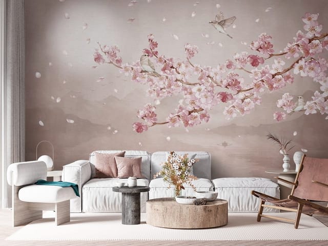 Fototapeta Sakura – gałąź z kwiatami wiśni i górskie tło