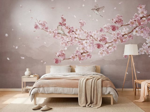 Fototapeta Sakura – gałąź z kwiatami wiśni i górskie tło