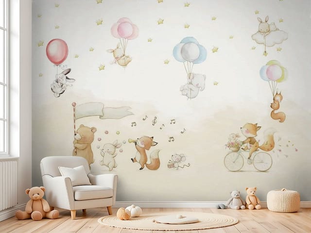 Fototapeta zwierzęta dziecięce – ilustracja z balonami i rowerem